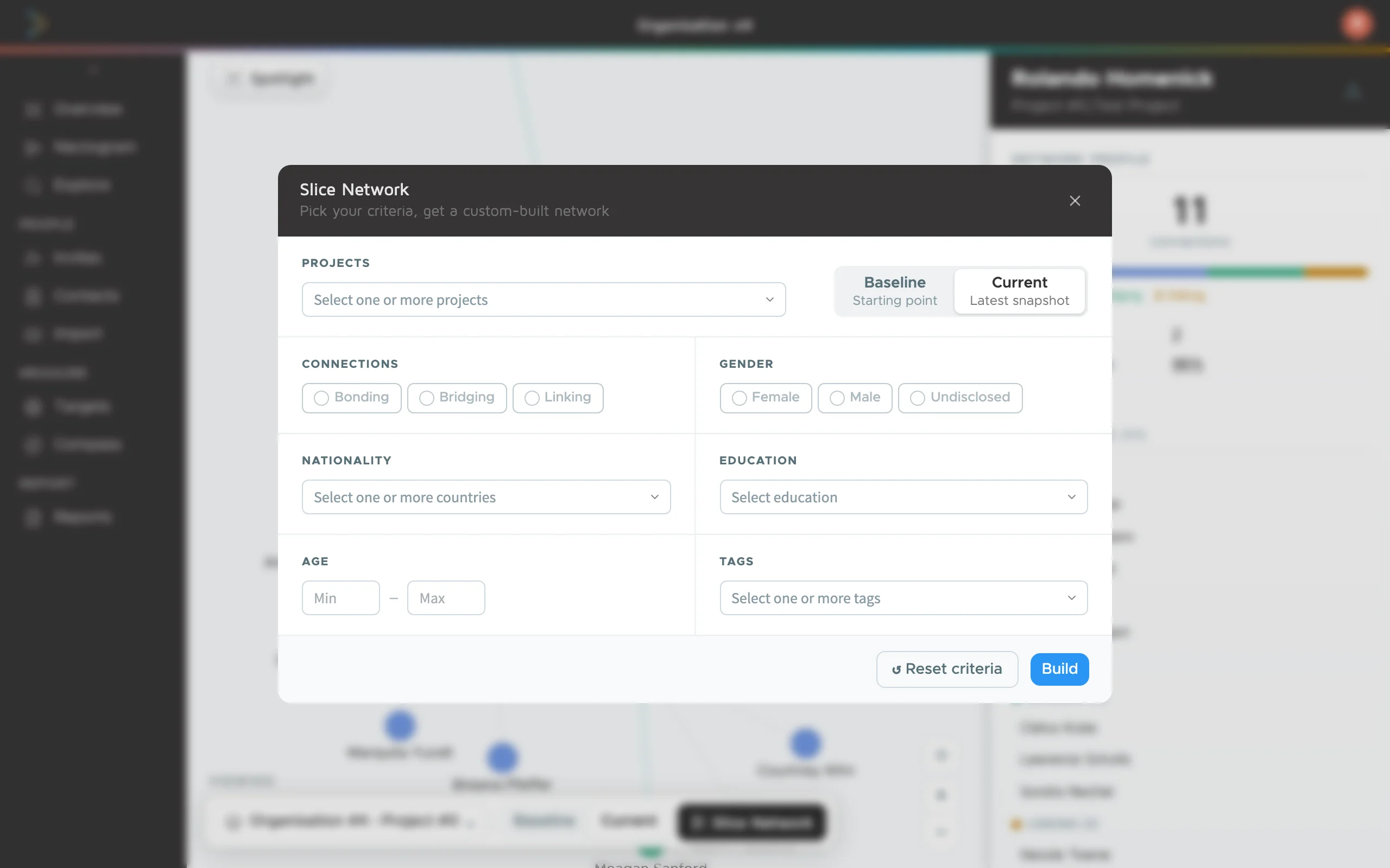 Network Slice filter panel